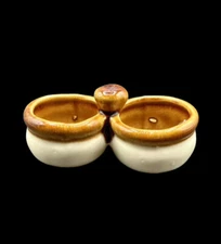 Vintage Brown Cream Stoneware Glazed Pottery Open Salt and Pepper Cellar