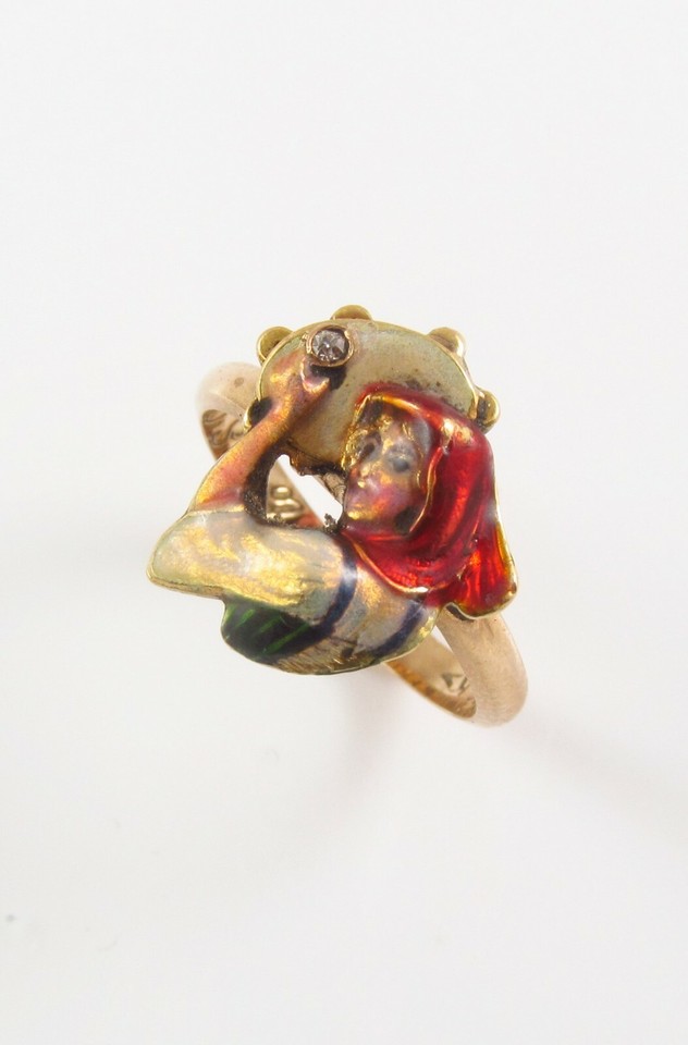 Antique 14k Gold Art Nouveau Enamel & Diamond Bavarian Bar Maid Ring ...