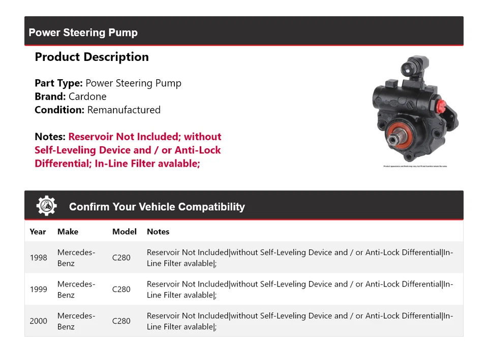Bomba de dirección asistida Cardone 1999 para Mercedes-Benz C280 1998-2000 Foto 2 de 4