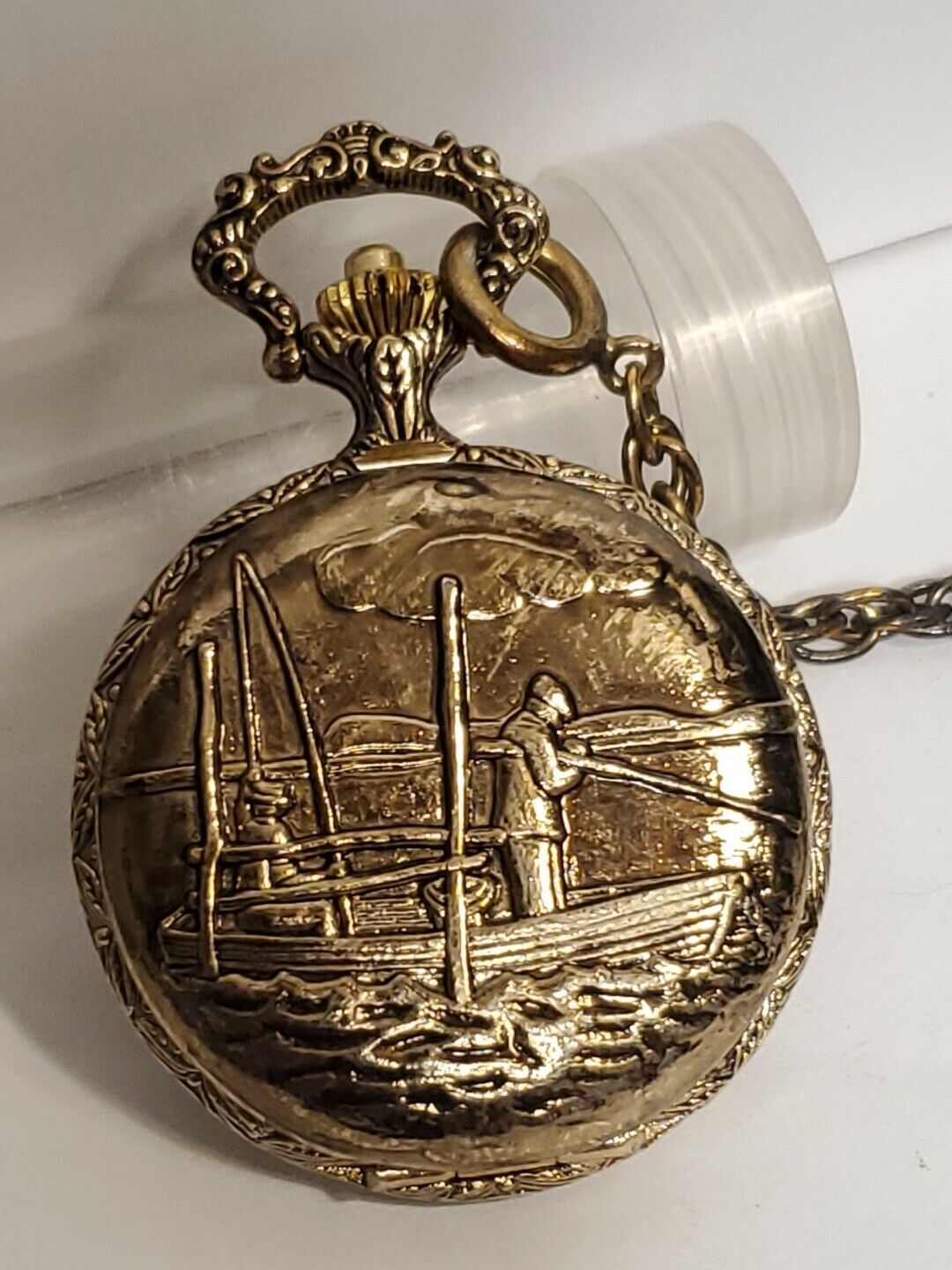 Silver Toned Eastman Pocket Watch Fisherman Case WORKS PERFECTLY (STR)