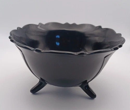 MCM Black Milk Glass Ruffled Edge 3 footed VTG Candy Nut Trinket Dish Amethyst