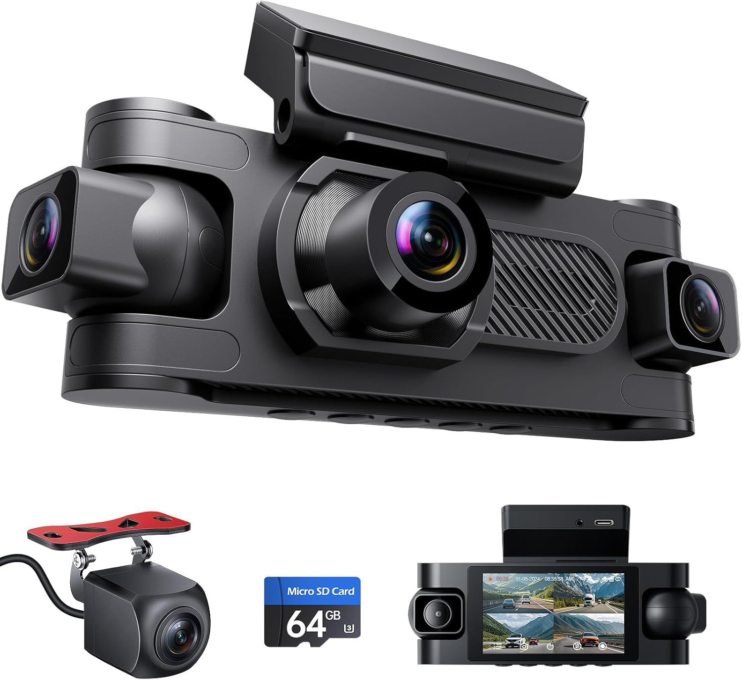 4 Channel Dash Cam with Front Rear and Interior Coverage for Cars
