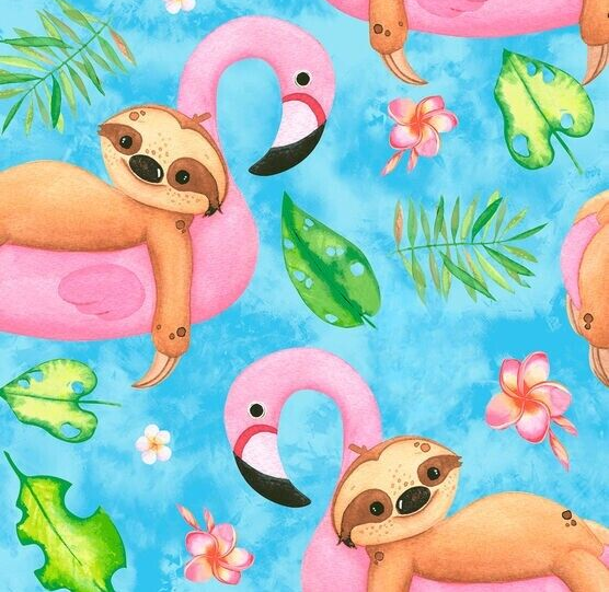 FAT QUARTER POOL TIME SLOTHS SUMMER BEACH SLOTH FABRIC FUN NOVELTY