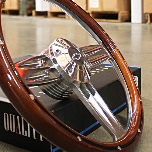 14" Inch Polished & Wood Steering Wheel Chevy Bowtie Horn , 6 Hole C10 Camaro - Picture 3 of 5