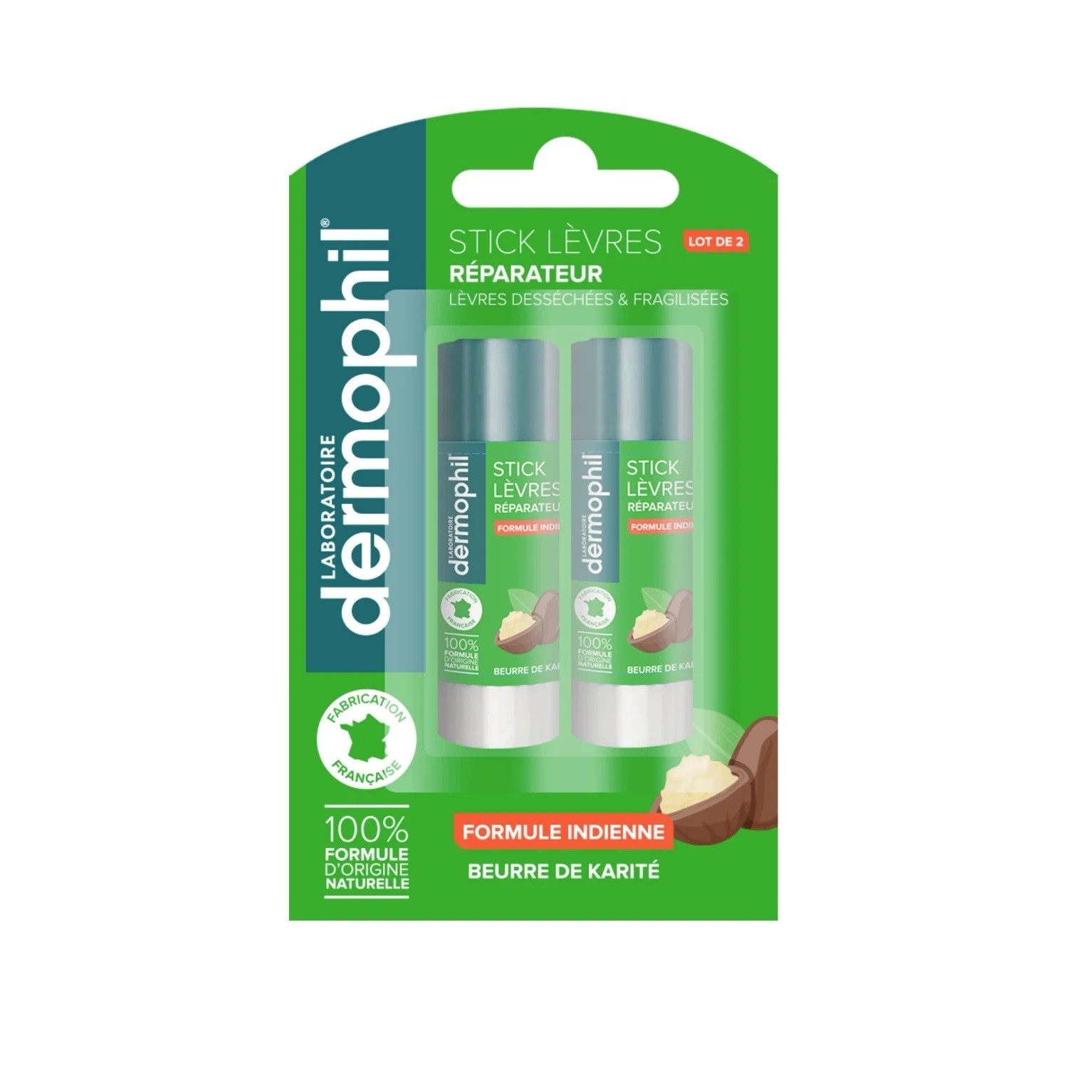 Baume à lèvres Dermophil au karité réparateur anti-gerçures lot de 2 pour soin intense