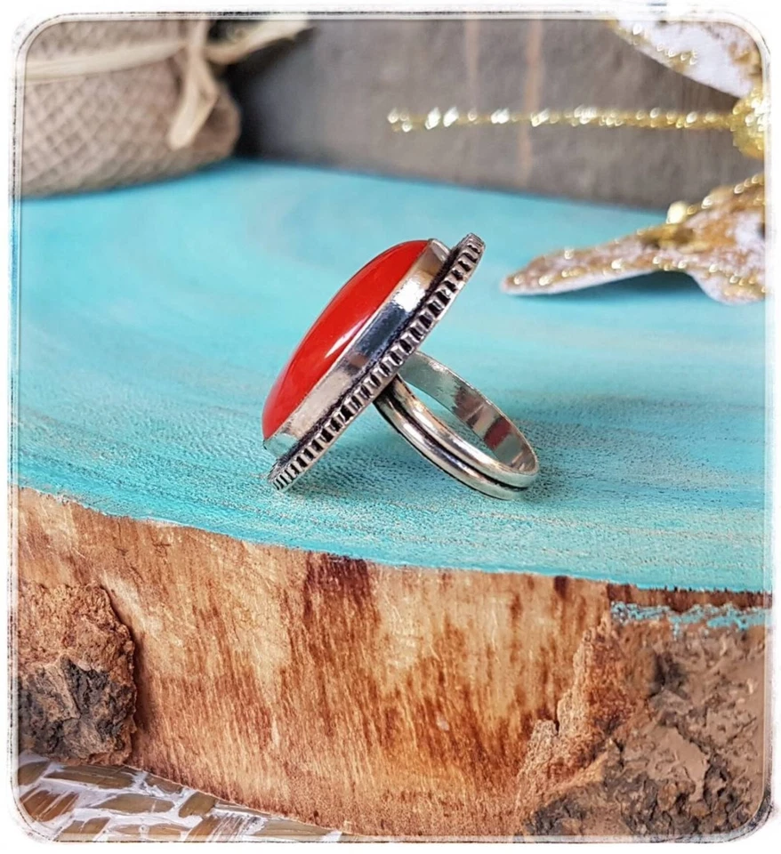 Natural Red Coral Ring 925 Sterling Silver Handmade Ring Birthstone Ring Jewelry - Image 4 of 4