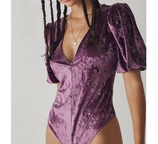 Free People Velvet Bodysuit Size XSmall Don't You Wish Purple Puff Sleeve