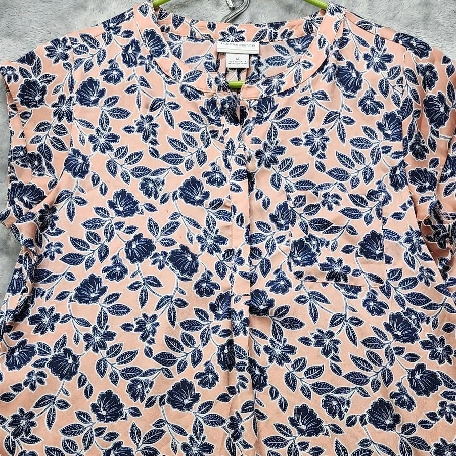 Top Liz Claiborne para mujer M rosa azul satinado manga corta plisado popover Foto 2 de 4