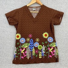 WS Gear Scrub Top Womens XS Brown Flowers V-Neck Healthcare Uniform Nursing