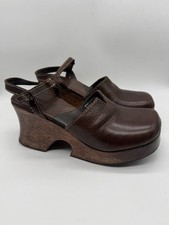 Vintage RARE MIA Stephanie Brown Leather Wood Platform Clogs Slingback 9M EUC