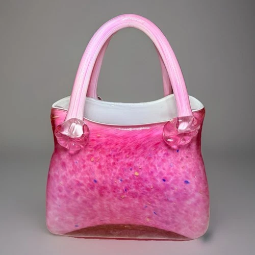 Vintage Murano Style Art Glass Purse Vase Pink Cocktail Italy Hand Blown Handbag