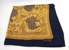 Vintage Jaeger Silk Scarf Novelty Oversized Baroque Gold & Navy Print 33"x33"