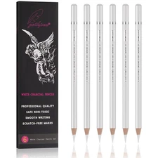 Professional White Charcoal Pencils Set - 6 Pieces Sketch Highlight White Pen...