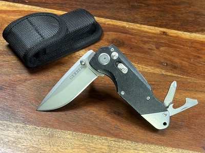 Gerber Obsidian Folding Knife Plunge Lock Plain Edge Blade Excellent +New Sheath