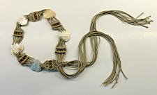 Vtg Macrame Woven Rope Tie Belt Amber Beads Abalone Hearts Boho Hippie Fringe