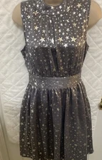 Modcloth Windy City Silver Star Novelty Print Metallic Sleeveless Dress Gray Med