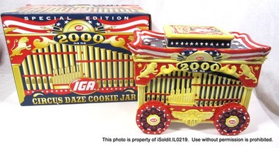 NEW NIB IGA CIRCUS DAZE Ceramic COOKIE JAR 2000  Wagon Car Special Edition