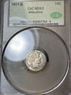 1911-D CACG MS63 Barber Dime 10c, Choice MS Lightly Toned, Lustrous, Scarce, CAC