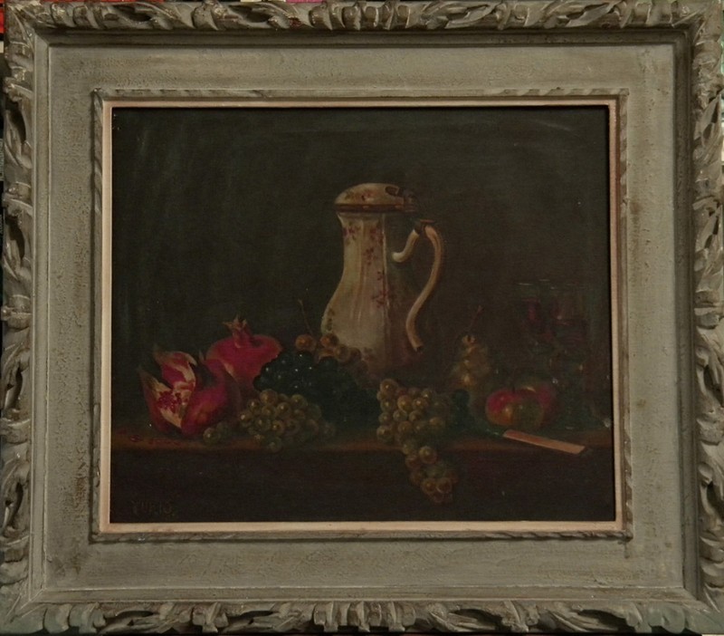 YUKIO Japanese OIL Painting STILL LIFE of Kettle & Fruits on table ( 18" x 15" )