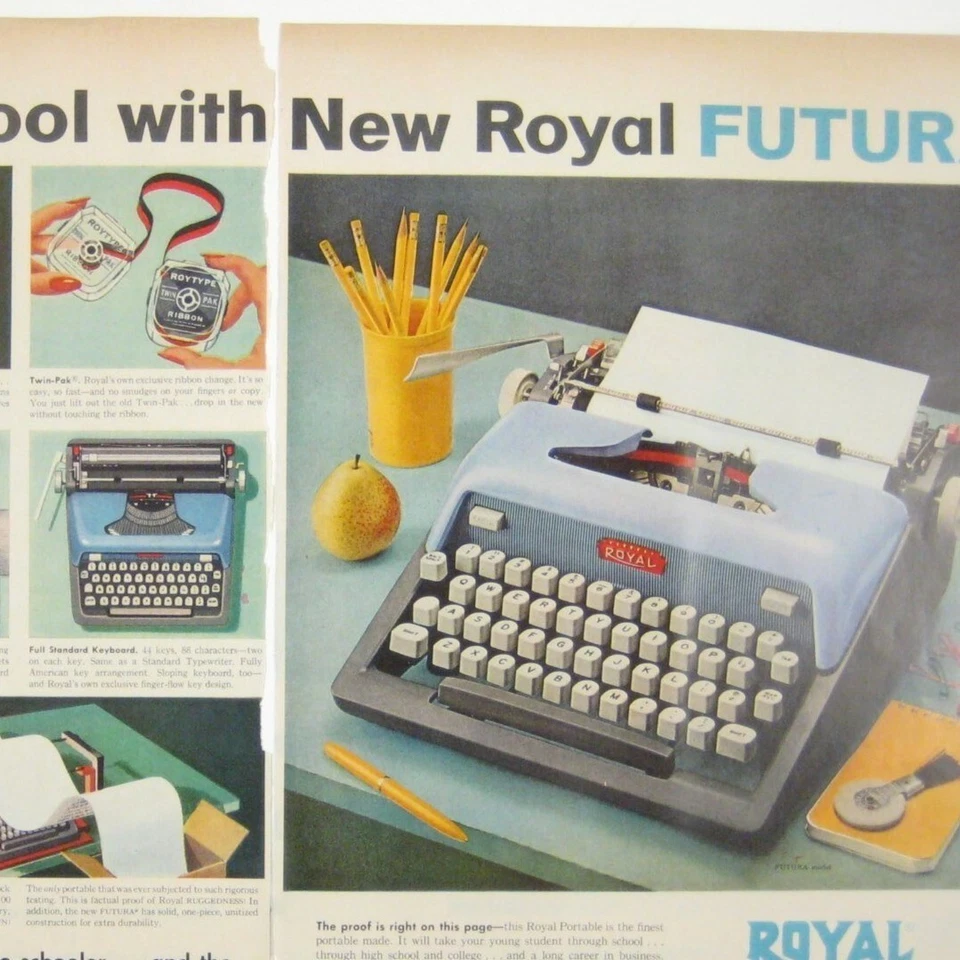 Anuncio impreso vintage Royal Futura máquina de escribir regreso a la escuela MOD escritorio 2 páginas Foto 2 de 2