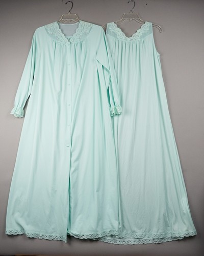 Vintage Shadowline Gown & Robe Set M Mint Green Long Lace Trim Nylon Nightgown