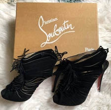 Christian Louboutin Deva 120 Bootie Black Fringed Suede Size 39.5 Peep Toe Heel