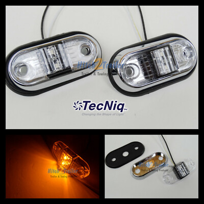 (2) TecNiq Clear / Amber 2 LED Chrome base Clearance Marker Light Trailer Truck