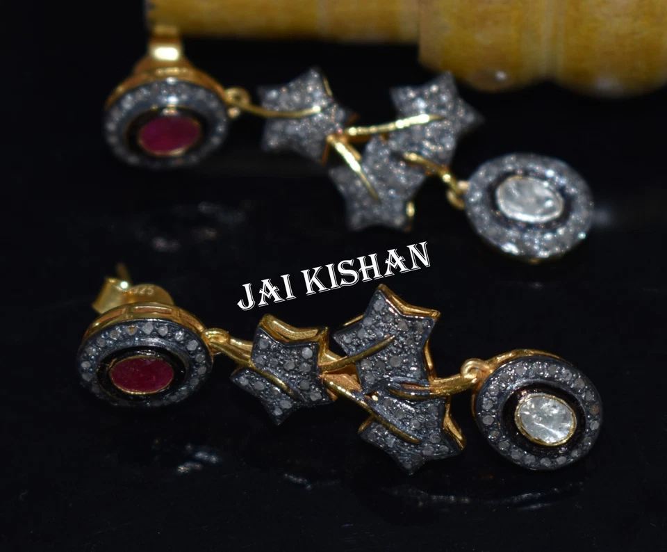 Rubino Naturale Gemma Polki Pavè Diamante 925 Argento Sterling Pendente Regalo - Immagine 3 di 4