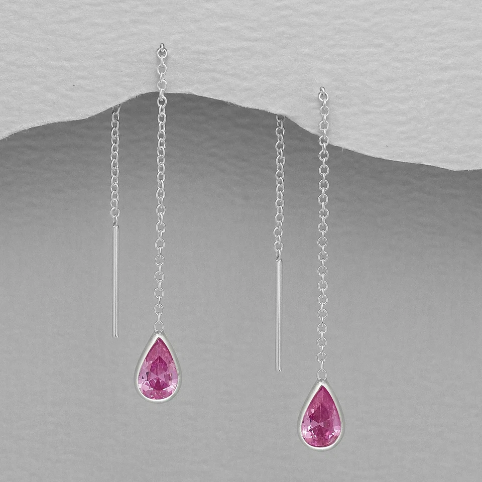 925 Sterling Silver Pear Teardrop Cubic Zirconia Pull Through Threader Earrings  - Image 2 of 4
