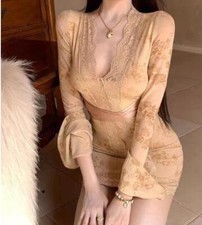 Women's Long Sleeve Lace Floral Package buttocks Slim Fit Mini Dress nightclub