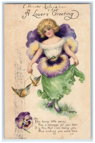 1918 Lover's Greeting Woman Pansy Flower Costume Butterfly Gibson Dulk Postcard - Picture 1 of 2