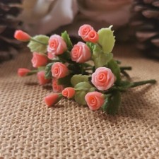 6 Dollhouse Miniature Coral Color Rose Flowers Bouquet Artificial Flower Decor