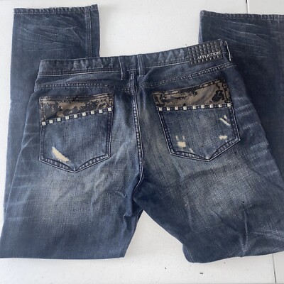 Affliction Jeans Mens 38x34 Blue Denim Ace Black Premium Distressed  Embroidered