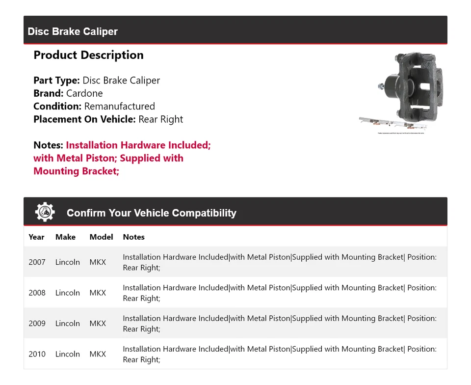Pinza de freno de disco trasera derecha Cardone 2008 2009 para Lincoln MKX 2007-2010 Foto 2 de 4