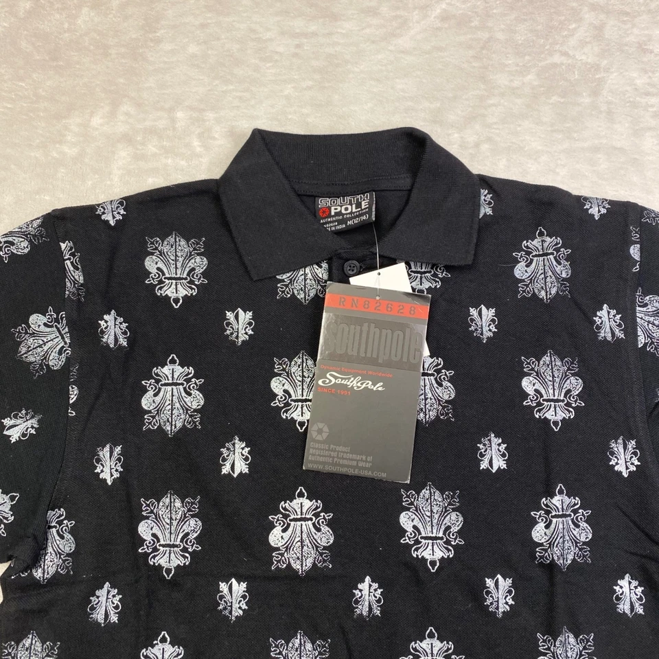 Polo Polo Polo Polo Sur Niños Negro Estampado Flor De Lis Manga Corta M 12-14 Foto 2 de 4