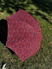 Bloomingdale’s Red Paisley Umbrella Wood Hook Handle Full Length Made in USA