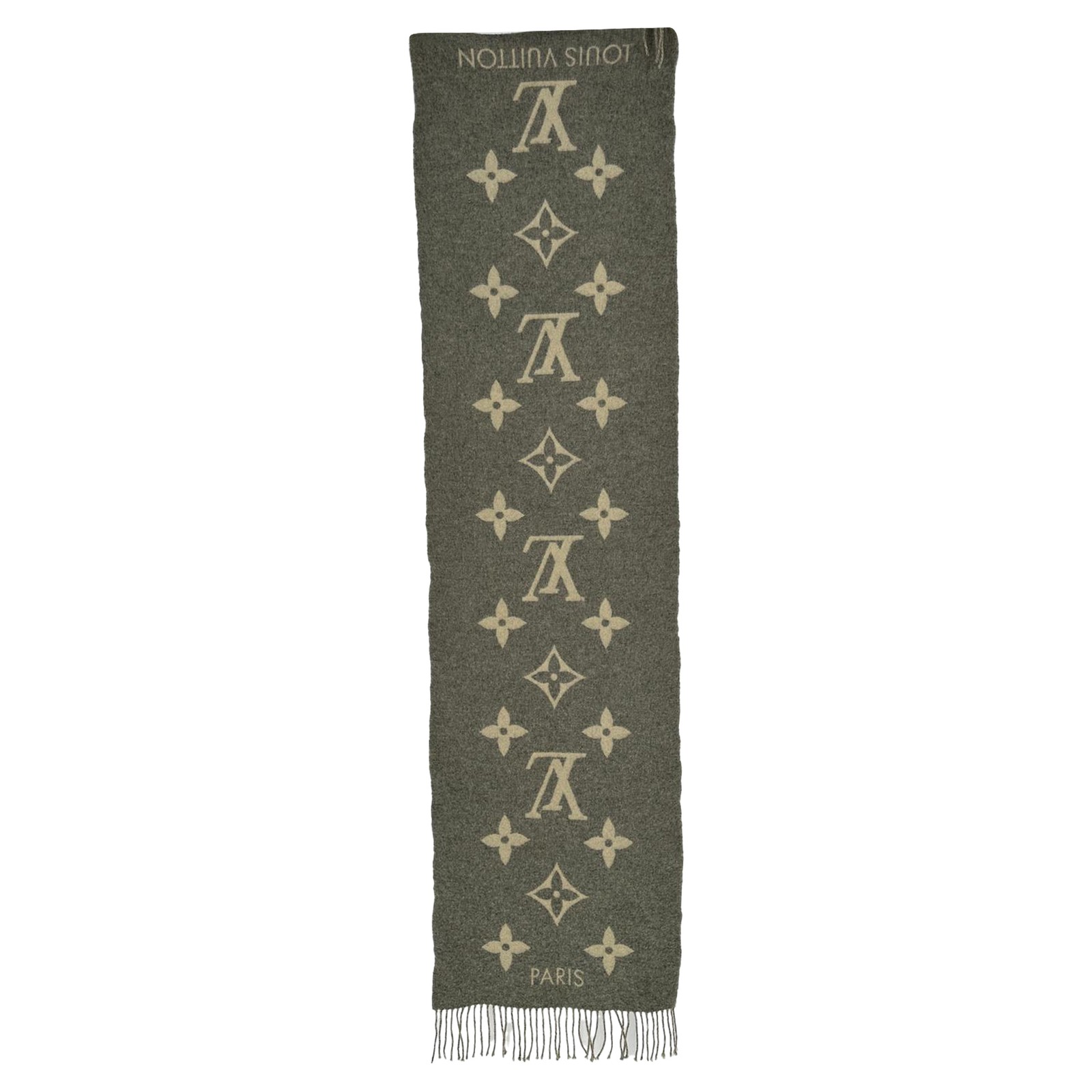 Louis Vuitton Monogram Fringed Scarf In Cashmere Women Grey One Size