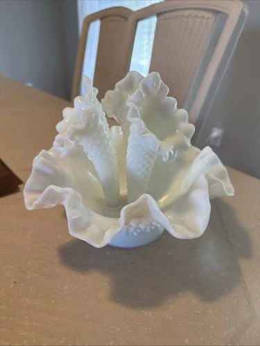 Fenton Hobnail Milk Diamond Lace Ruffled 3 Horn Epergne Vintage