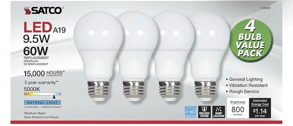 SATCO LED Light Bulbs - A19/9.5W 5000K Natural Light 800 Lumens (4-pack) S39597 - Image 4 of 4