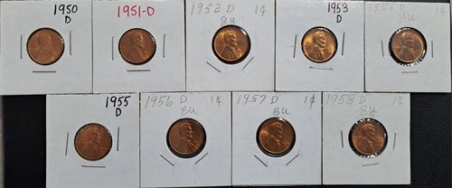 Lot Of 9, Lincoln Wheat Cents, 1950-1958-D, All Denver Mint Marks, UNC/BU