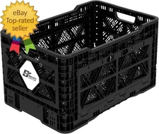Bigant Heavy Duty Collapsible & Stackable Plastic Milk Crate Medium Size  Black