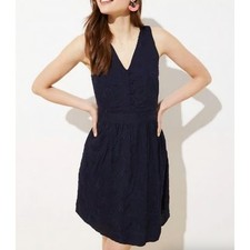 Loft Embroidered Flowers Flare Cocktail Dress Navy Fit Flare Sleeveless Size 10