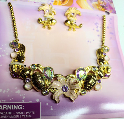 Disney Tangled Princess Rapunzel Enamel Metal Bling Necklace Earring Set Pascal