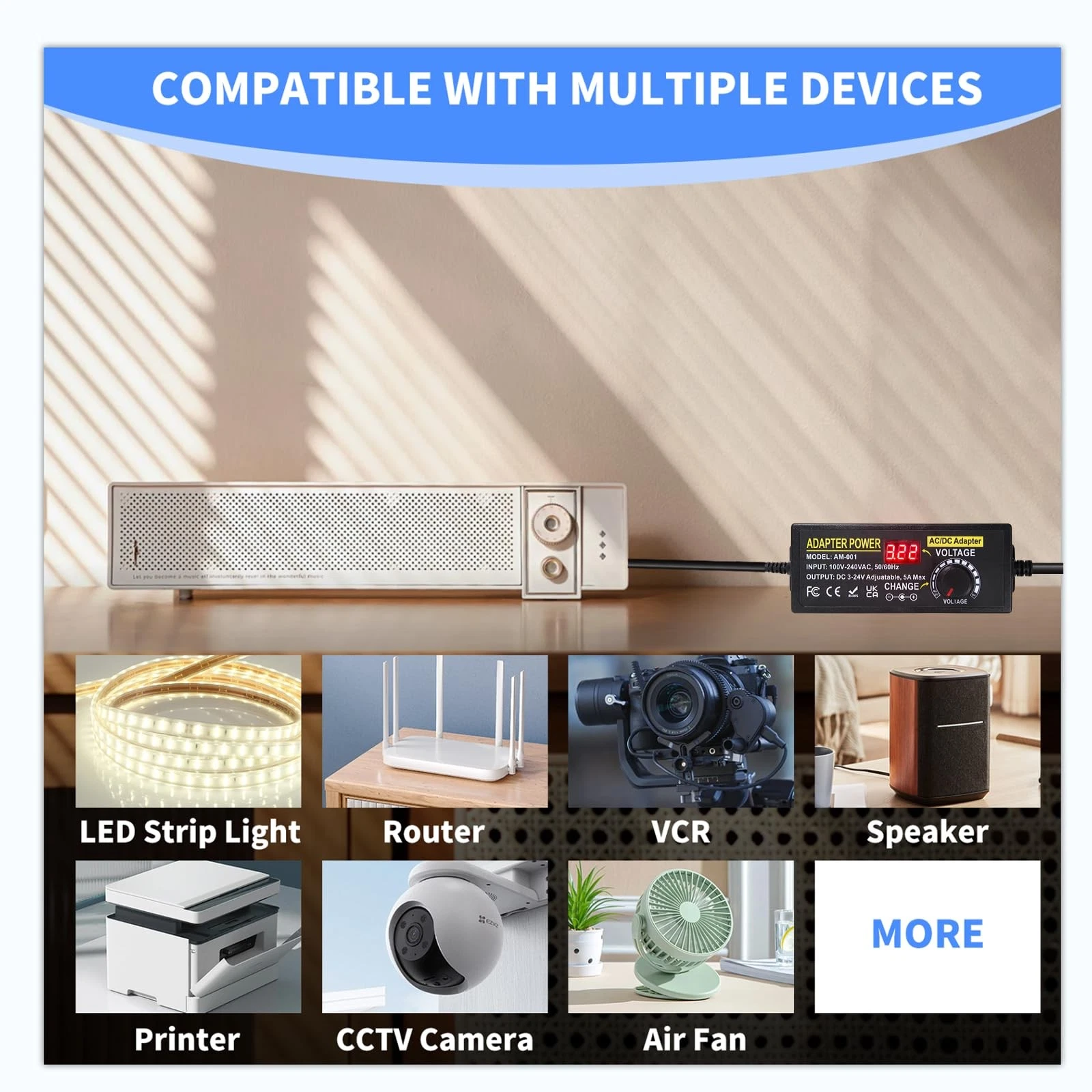 Meiyue Adjustable Power Supply 3V-24V 5A 120W with 14 DC Tips for LED Strip image 4
