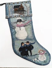 P Buckley Moss Christmas Stocking Tapestry Holiday Decor Amish 1999 Snowman VTG