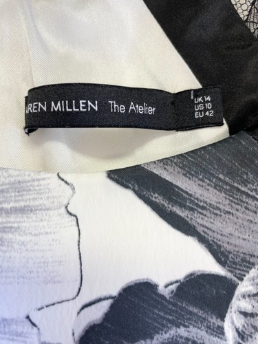 KAREN MILLEN BLACK & WHITE FLORAL & LACE TRIMMED SLEEVELESS PENCIL DRESS SIZE 14 - Picture 6 of 6
