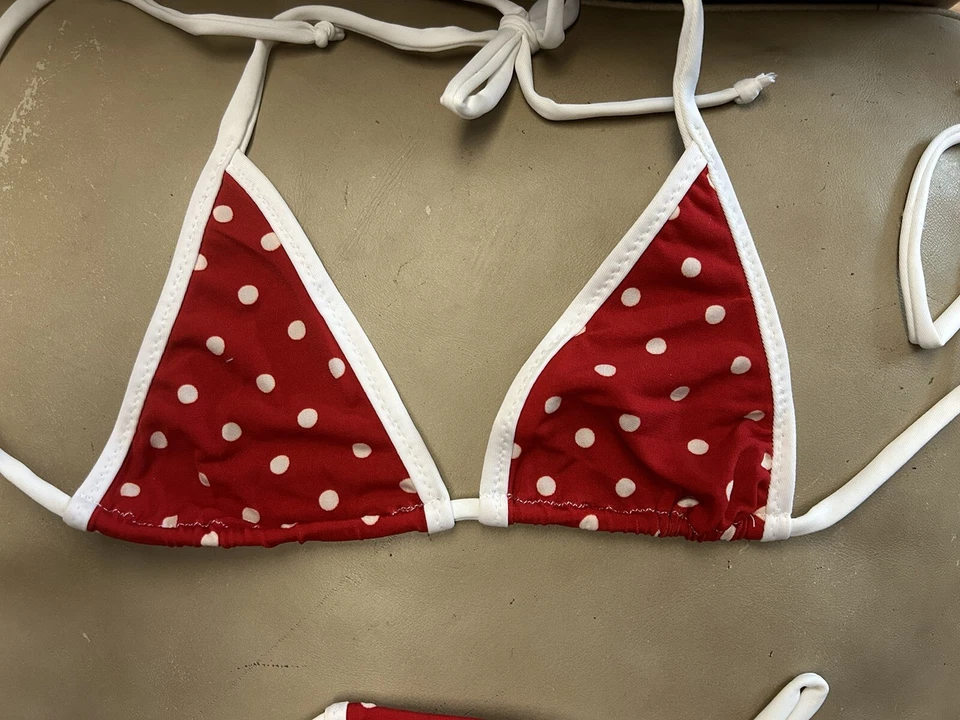 NWOT Skimpy Handmade Triangle Top Thong Bottom Red w/ White Polka Dots Bikini - Image 2 of 4