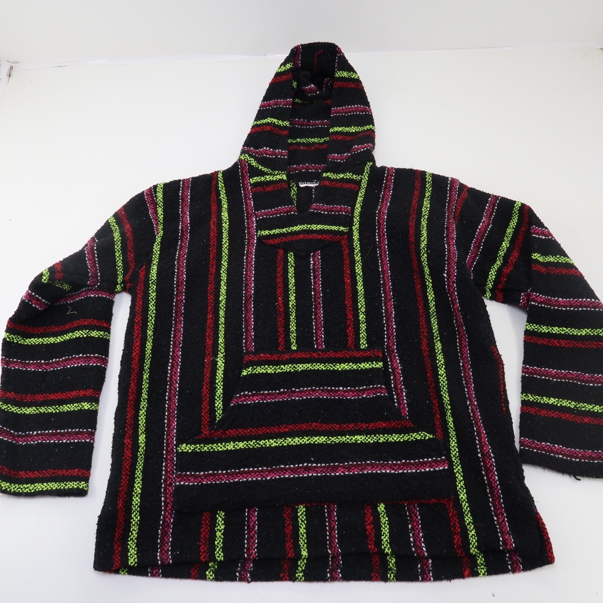 Vintage 90s Mexican Poncho Pullover Size L Baja Hoodie Sweater Parka Drug  Rug