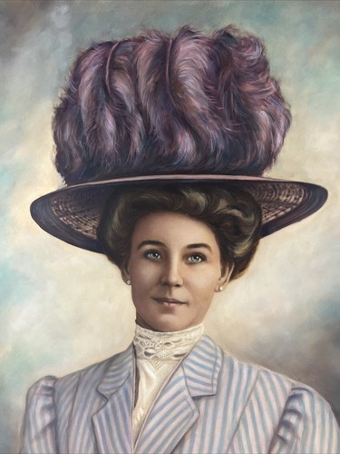 Vintage Open Framed Color Art Photo 19x23 Woman In Feather Hat EVC - Picture 2 of 9