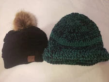 CC WINTER HAT KNIT WARM WITH FAUX FUR POM & HANDMADE GREEN KNIT CAP-FREE SHIP!